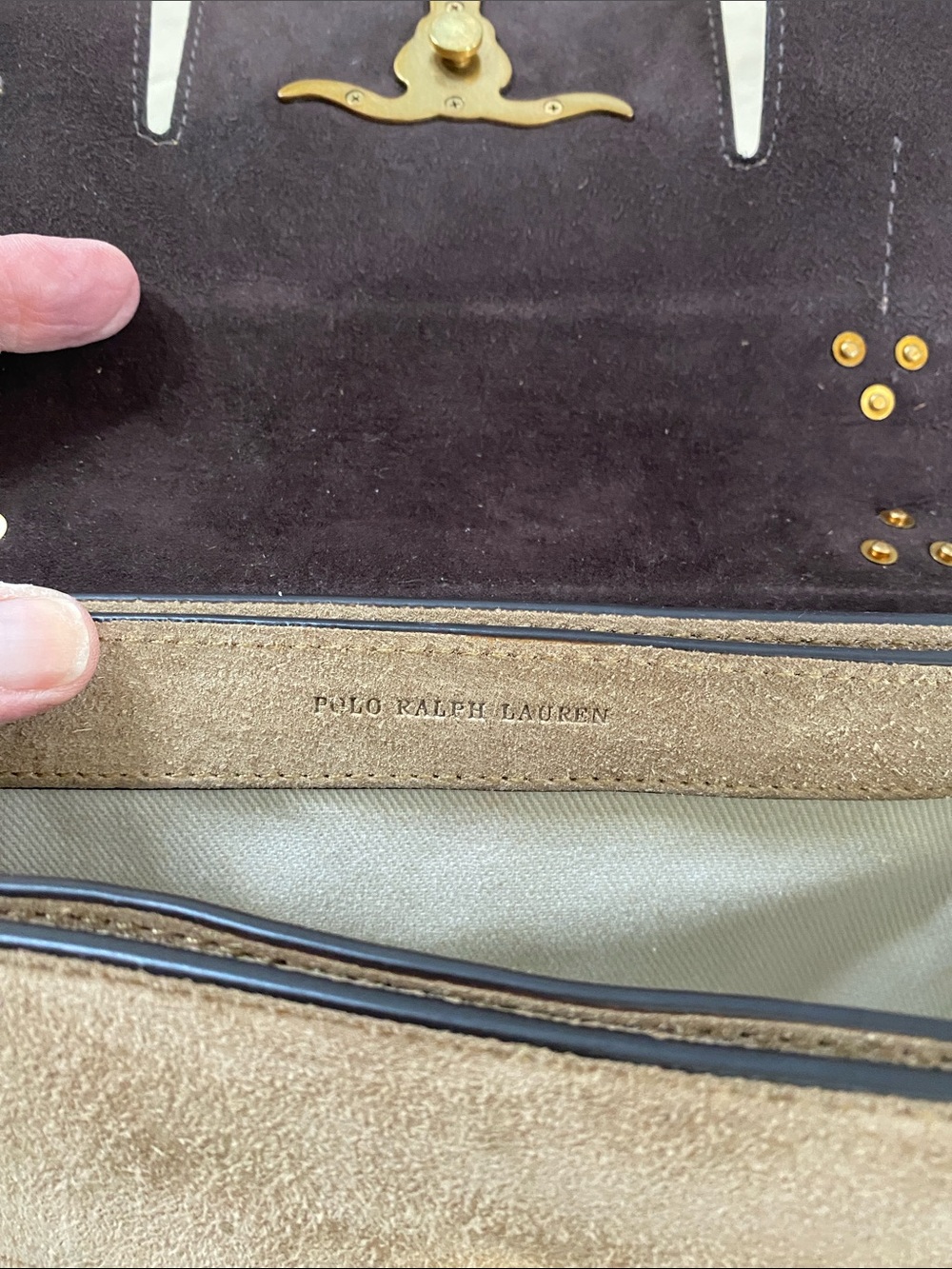 Polo Ralph Lauren Small Schooly Bag in Beige Suede + Strap + Dustbag - Picture 7 of 13